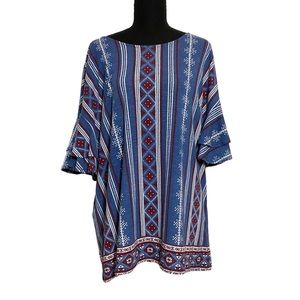 Dressbarn Westport Blue Red Scoop Neck Ruffle Sleeves Tunic Top 2X